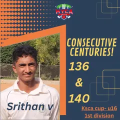 Back-to-back centuries! We congratulate Srithan V for his incredible scores of 136 and 140 in the KSCA Cup U-16 1st division. This is the result of consistent effort and focused batting practice.