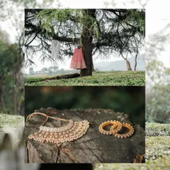An artistic shot of the wedding outfits and jewelry in a natural setting. This photo creatively documents the essential details of the couple's look.