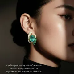 The only candy worth accepting comes with emeralds. This yellow-gold earring, centered on a stunning oval emerald and articulated with baguette and brilliant-cut diamonds, is a perfect example of modern luxury.