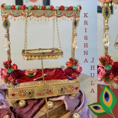 A full view of our exquisite Krishna Jhula, designed for Janmashtami. The attention to detail, from the decorated base to the swinging seat, makes it a centerpiece for your celebrations.