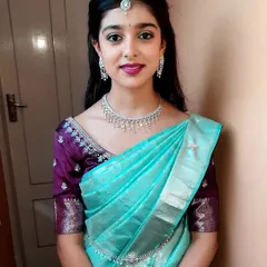 Here’s a fresh and youthful look I created for a house function. I used soft, shimmery eyeshadow and a pretty berry lip color to complement her bright turquoise saree, keeping the overall feel light and celebratory.