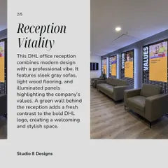 The reception and waiting area at the DHL office. We combined modern design with a professional vibe, using sleek grey sofas and illuminated panels that highlight the company's purpose, vision, and values.