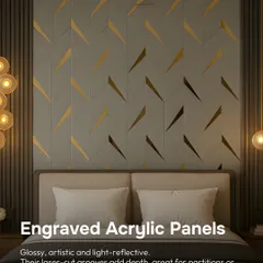 Engraved acrylic panels are glossy, artistic, and reflective. The laser-cut grooves add depth and a touch of glamour, making them great for partitions or statement walls behind a bed.
