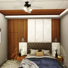 This master bedroom design combines the warmth of vertical wood paneling with the cool elegance of white marble-look slabs. The tufted headboard and floating nightstands add a touch of modern luxury.