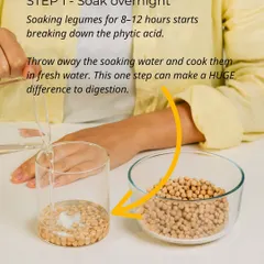 The first step to better legume digestion is soaking them overnight for 8-12 hours. This simple step starts breaking down the phytic acid. Always discard the soaking water.