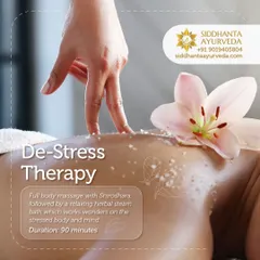 This is a glimpse of a de-stress therapy session, which combines a full-body massage like Abhyangam with Shirodhara, followed by a relaxing herbal steam bath. This 90-minute treatment works wonders on a stressed body and mind.