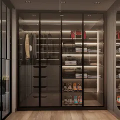 A dedicated closet space for him. This section of the walk-in features smoked glass doors, integrated LED lighting, and custom compartments for shoes, folded clothes, and hanging items, ensuring everything is perfectly organized.