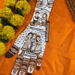 A heartwarming Raksha Bandhan design that tells a story of sibling love, complete with cartoon figures and inside jokes.