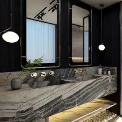 The master bathroom is treated as a sanctuary. In this design, dramatic Panda White marble with bold veining forms the dual vanity, contrasted with dark wood walls and minimalist brass fixtures to create a space of sophisticated and luxurious calm.