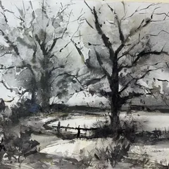 I call this 'The Power of Silence'. It's a landscape study in monochrome, using only black and white watercolor on paper to create a moody, atmospheric scene.