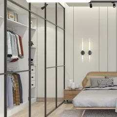 An overview of the bedroom that breathes elegance. The combination of the glass wardrobe, rattan bed, and neutral color scheme creates a space that feels both spacious and incredibly cozy.