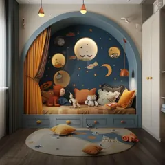This cozy, arched reading nook with under-seat storage is the star of this kids' room. The celestial-themed wall and soft lighting create a magical atmosphere, perfect for bedtime stories and quiet play.