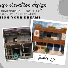 Here you can see the direct translation from my 3D elevation design to the building under construction for a 30 by 42 feet north-facing site. This ensures accuracy and client satisfaction.