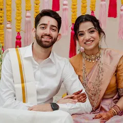 A beautiful South Indian bridal look for a wedding ritual. The makeup is simple and elegant, paired with a classic low bun and traditional temple jewelry.