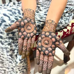A lovely design for the palms featuring a central elephant mandala surrounded by lotus flowers. The use of negative space makes the design pop.
