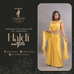 Embrace the sunshine with this exquisite yellow Haldi outfit. The crop top and skirt set is adorned with intricate embellishments around the waist and neckline, making it a glamorous choice for any pre-wedding celebration.