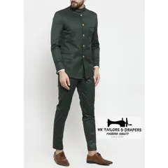 A full view of a dark green Jodhpuri suit, tailored for a sleek and modern profile. This style is perfect for receptions and formal gatherings.