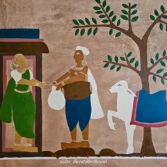 Another in-progress shot of the Cheriyal mural, showing the base colors applied before any of the fine details, patterns, or jewelry are added.