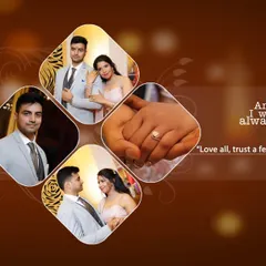A four-photo collage layout for a wedding or engagement album, telling a small story with a mix of portraits and detail shots.