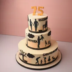 This three-tiered 'story of life' cake was created to celebrate a 75th birthday. Each tier uses hand-painted silhouettes to depict the journey from husband to father and grandfather, making it a deeply personal and emotional centerpiece.