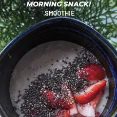 A morning snack smoothie to keep me going. This one is topped with fresh strawberries and chia seeds, providing fiber, protein, and healthy fats.