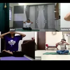 Participants in our evening International Yoga Day session practice Bhramari Pranayama together online. This collective practice of sound and breath creates a deeply calming and unified experience.