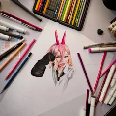 A finished portrait of Power from Chainsaw Man, created using a mix of alcohol markers and colored pencils. This piece shows how we can apply realistic techniques to anime and fan art.