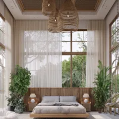 A render of a biophilic bedroom design, where nature is brought indoors. With large windows, natural wood finishes, woven light fixtures, and abundant indoor plants, this space is designed to be a tranquil retreat.