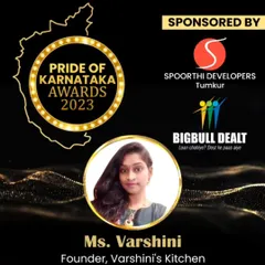 The official announcement for the Pride of Karnataka Awards 2023, recognizing me as the founder of Varshini's Kitchen. It is an honor to be counted among the icons of Indian business.