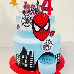 Another look at this popular Spiderman pull-out cake, made with my seasonal Mango and Cream flavor. It's a two-tier design with a fun, interactive element that kids absolutely love.