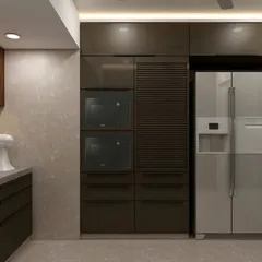 This 3D render details the tall appliance unit, with integrated ovens and a refrigerator. The louvered panel adds a textural element to the sleek, modern design.