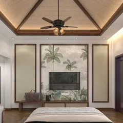 In this bedroom, the television is integrated into a feature wall with a nature-inspired mural. This design choice ensures that the technology doesn't dominate the room, maintaining a peaceful and uncluttered atmosphere.