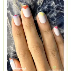 This perspective shows the full hand with the colorful floral cuticle art, a perfect design for spring or a subtle pop of color.
