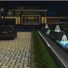 A lighting concept for the Silver Oak City clubhouse, designed by ADCPL Delhi. The visualization includes the building's facade, the driveway approach, and landscape elements like the illuminated water fountains, showing a holistic design approach.