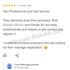 This client review praises my professional and fast service, noting that I delivered exactly what was promised for their marriage registration. I recommend my services to anyone looking for reliable legal help.