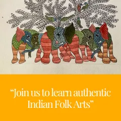 A vibrant Gond painting of elephants, inviting you to join us and learn authentic Indian Folk Arts. The unique patterns and colors are characteristic of this beautiful tribal tradition.