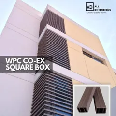 Here, WPC Co-Ex square box louvers are used as a decorative facade element on a multi-story building, breaking up the flat surfaces and adding architectural interest.