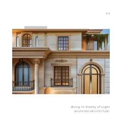 A detailed view of a building facade, showing the precise craftsmanship of the stone cladding, window moldings, and wrought iron railings. Every element is carefully considered to contribute to the overall elegance.
