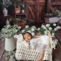 A slightly different angle of this beautiful rustic setup, showing the baby's tiny foot peeking out. I take a variety of shots to give you a full gallery of options.
