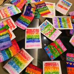 A beautiful burst of color and pattern created by my 4 to 7-year-old students. These small studies are a great way for them to experiment with different watercolor techniques and designs.