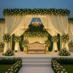 This elegant reception stage combines classic and contemporary elements. We used soft cream drapery, blush and white floral arrangements, and warm chandelier lighting to create a sophisticated and timeless backdrop for the couple.