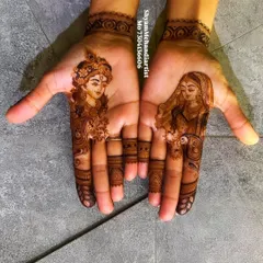 A clear, still image of the completed Radha-Krishna palm portraits, showcasing the fine details and expressions.
