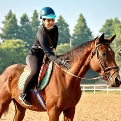 A rider enjoying her lesson in our spacious arena. Our club provides a supportive environment for learning and improving your riding skills.