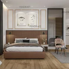 Our proposed design for a hotel room in Amritsar, centered on an 'earthy luxury' theme. The render showcases a custom bed with a fluted leatherette headboard, complemented by soft lighting and elegant wall decor.