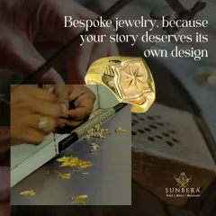 Bespoke jewellery is for stories that deserve their own design. This graphic shows a custom men's signet ring with a compass star motif, alongside a glimpse of the gold shavings from the crafting process.