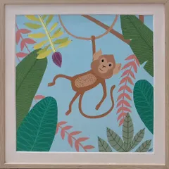 A playful monkey hangs from a vine in this custom painting. The cheerful blue background and surrounding jungle leaves make it a fun and engaging piece of art for a child's bedroom or play area.