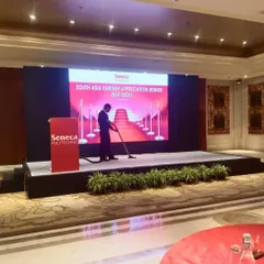 Setting up the stage for Seneca Polytechnic's South Asia Partner Appreciation Dinner. My team handles all the technical details, from the LED backdrop to the sound system, ensuring a flawless presentation.