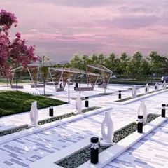 This render for the UNACCO School campus features modern, sculptural gazebos and formal pathways, creating a sophisticated and inspiring environment for students.
