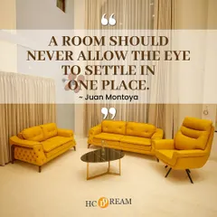 A well-designed room should be a journey for the eye. This living space with its vibrant yellow sofa and dynamic layout ensures that your gaze never settles in one place, creating constant visual interest.