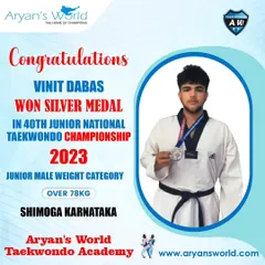 Vinit Dabas with a Silver Medal at the 40th Junior National Taekwondo Championship in Shimoga, Karnataka.